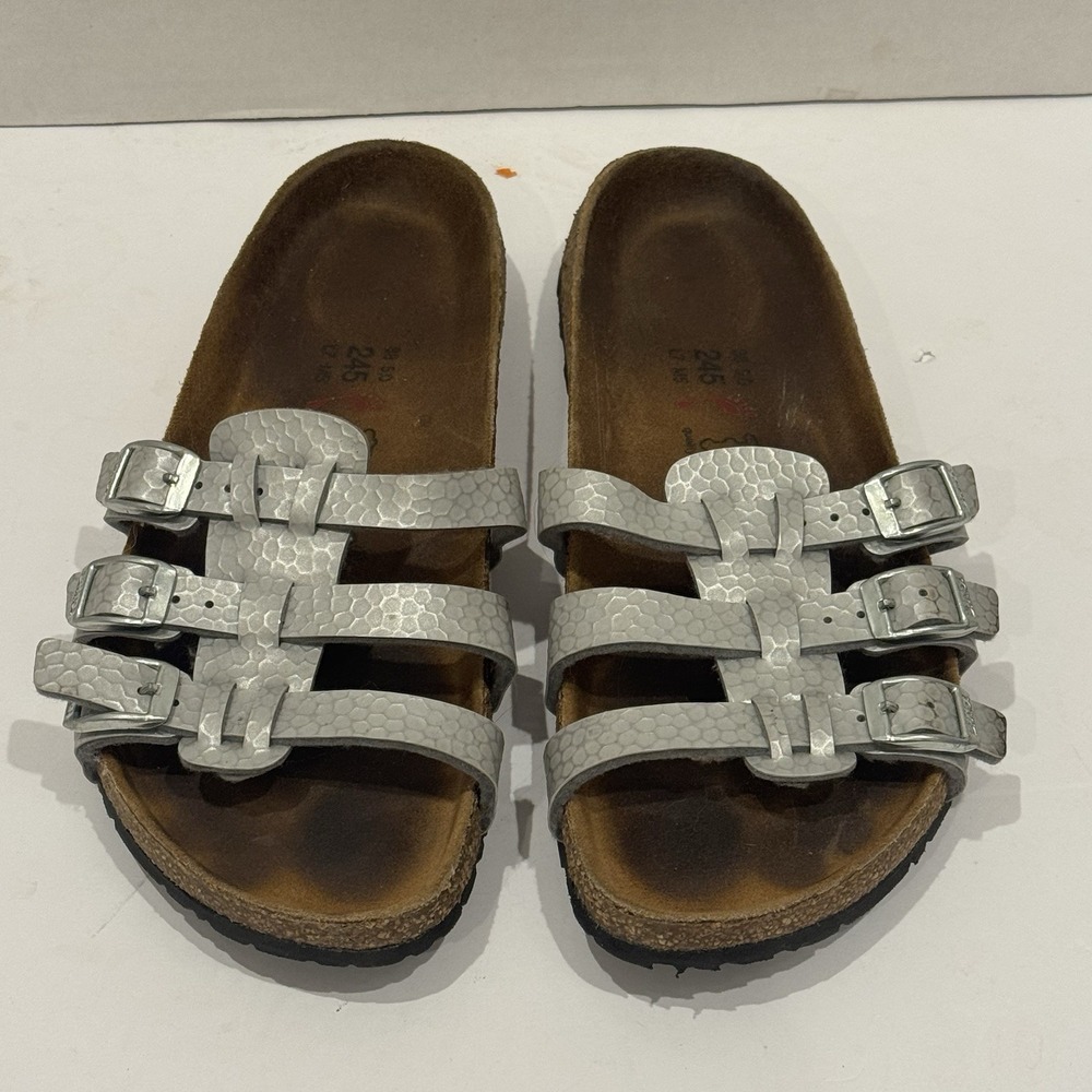 Birkie Birkenstock Florida 3 Strap Slip On Sandal Silver Women's 7-7.5 EU 38 - Picture 1 of 7